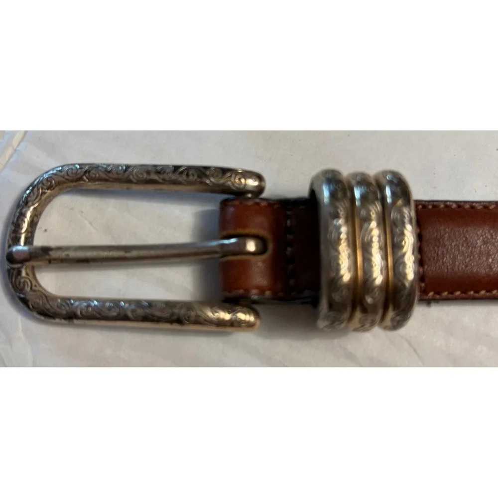 Brighton Brown Leather Belt Silver Engraved Scroll Buckle Triple Keeper Western